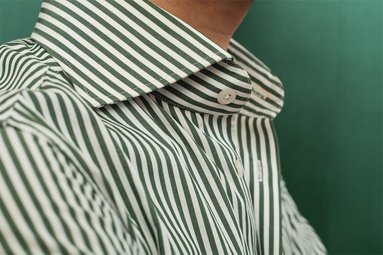 NHO2男装定制一字领绿色条纹衬衫