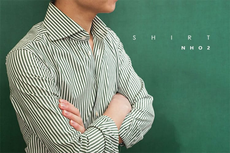 NHO2男装定制一字领绿色条纹衬衫