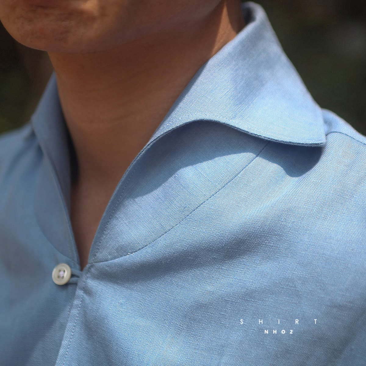 NHO2定制蓝色亚麻渔夫领衬衫